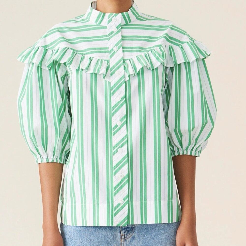GANNI Stripe Cotton Frill Shirt Size 42 Green White Ruffled Collar Poplin Blouse